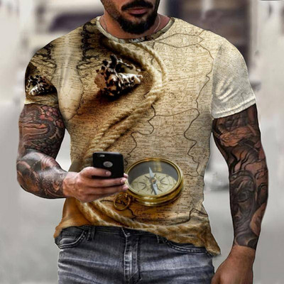 Καλοκαιρινό vintage μπλουζάκι πυξίδας Ανδρικό μπλουζάκι τρισδιάστατης εκτύπωσης Μόδα Street Harajuku T-shirt Κοντό μανίκι Υπερμεγέθη Κορυφαία Ανδρικά Ρούχα