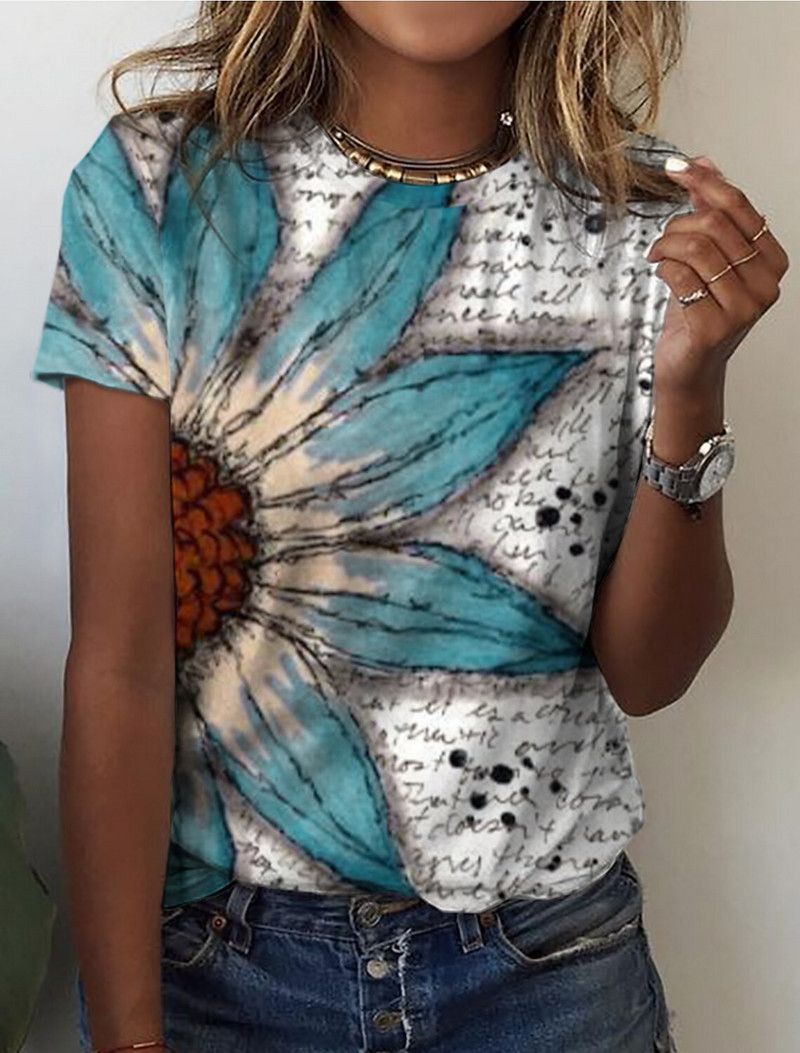 Sieviešu T-krekls meitenēm ar ziedu apdruku Vasaras jauns T-krekls ar O veida kakla izgriezumu ar īsām piedurknēm Ikdienas ielas apģērbs Seksīgi modes sieviešu apģērbi