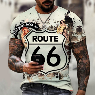 Nyári új, nagy méretű férfi pólók Vintage laza ruházat rövid divat Amerika 66-os út nyomtatott betűk A piros lélegző