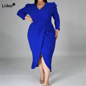 Liela izmēra apģērbs Sieviešu vakara ballītei V veida kakla soma, gurniem neregulāra kleita vienkrāsaina kroku, garām piedurknēm, plānas, sadalītas dakšas kleitas