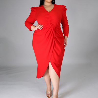 Liela izmēra apģērbs Sieviešu vakara ballītei V veida kakla soma, gurniem neregulāra kleita vienkrāsaina kroku, garām piedurknēm, plānas, sadalītas dakšas kleitas