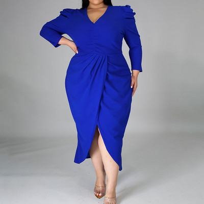 Liela izmēra apģērbs Sieviešu vakara ballītei V veida kakla soma, gurniem neregulāra kleita vienkrāsaina kroku, garām piedurknēm, plānas, sadalītas dakšas kleitas