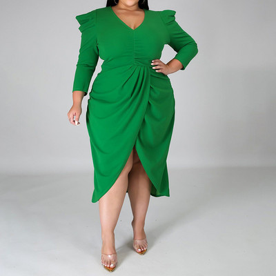 Liela izmēra apģērbs Sieviešu vakara ballītei V veida kakla soma, gurniem neregulāra kleita vienkrāsaina kroku, garām piedurknēm, plānas, sadalītas dakšas kleitas