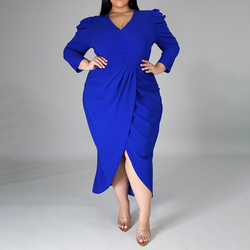 Liela izmēra apģērbs Sieviešu vakara ballītei V veida kakla soma, gurniem neregulāra kleita vienkrāsaina kroku, garām piedurknēm, plānas, sadalītas dakšas kleitas