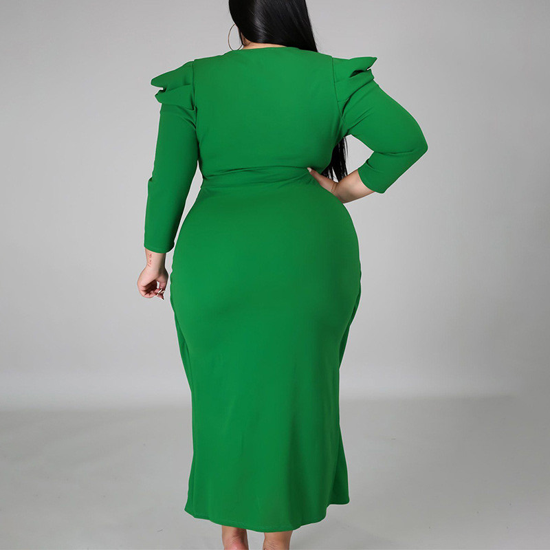 Liela izmēra apģērbs Sieviešu vakara ballītei V veida kakla soma, gurniem neregulāra kleita vienkrāsaina kroku, garām piedurknēm, plānas, sadalītas dakšas kleitas