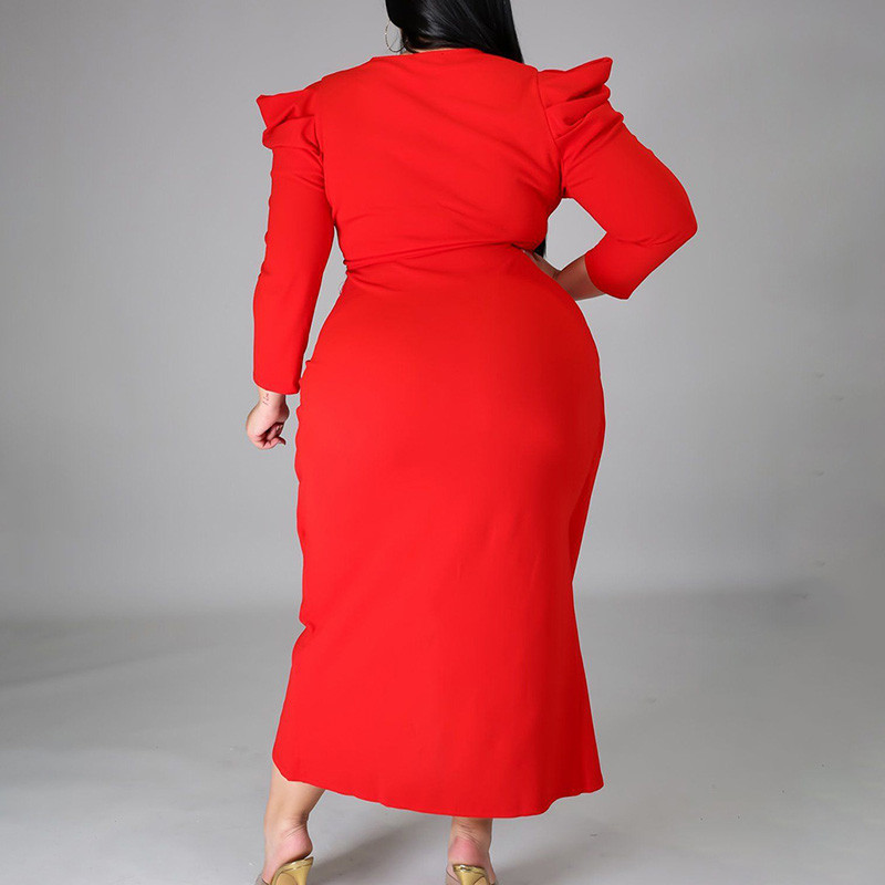 Liela izmēra apģērbs Sieviešu vakara ballītei V veida kakla soma, gurniem neregulāra kleita vienkrāsaina kroku, garām piedurknēm, plānas, sadalītas dakšas kleitas