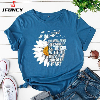 JFUNCY 2023 Summer γυναικεία μπλουζάκια Chrysanthemum Inspirational Letter Print Γυναικείο κοντομάνικο βαμβακερό μπλουζάκι Γυναικείο μπλουζάκι