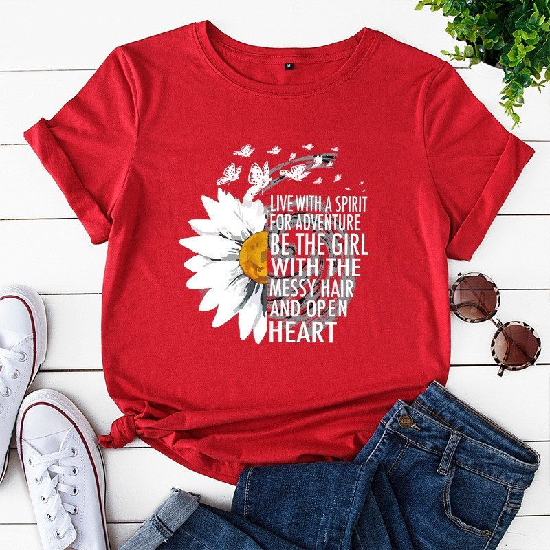 JFUNCY 2023 nyári női pólók krizantém, inspiráló levélmintás női rövid ujjú pamut póló, női póló felsők