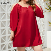 Liela izmēra sieviešu apģērbi, ikdienas apģērbi ar dalītiem burbuļiem, ar trīs ceturtdaļām piedurknēm, apaļš kakls vienkrāsainas, maigas pulovera A-līnijas minikleitas