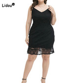 Seksīga kleita ar V veida kakla izgriezumu lielizmēra vasaras sieviešu apģērbi Eleganti raibveida mežģīņu kleitas bez piedurknēm, mazas, melnas, A-līnijas