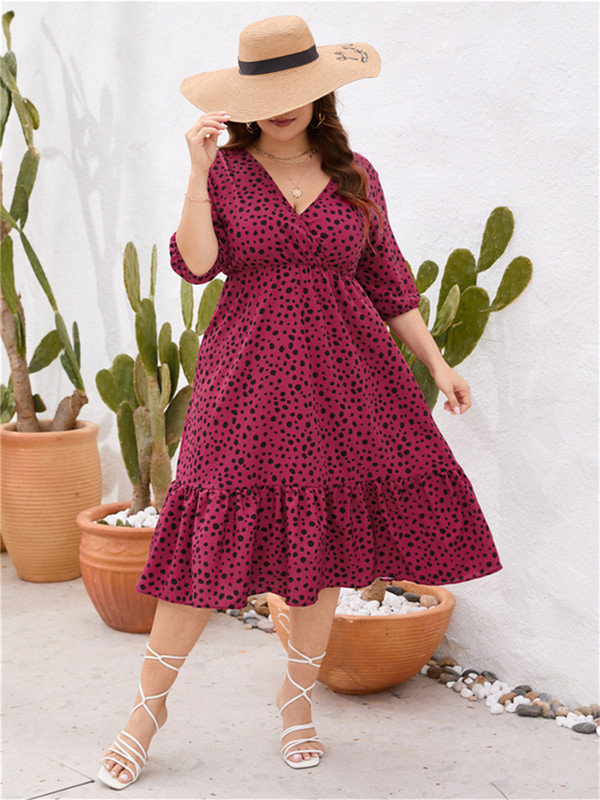 Liela izmēra seksīga vasaras punktveida sieviešu kokvilnas kleita ar augstu vidukli, 2023. gada jauna, brīva sieviešu sieviešu kleita ar volāniem