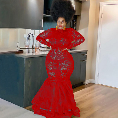 QFAF Nagy méretű női csipke átlátszó fodros szegély sellő trombita maxi hosszú ruha Szexi party klub bál estélyi hosszú ujjú ruhák