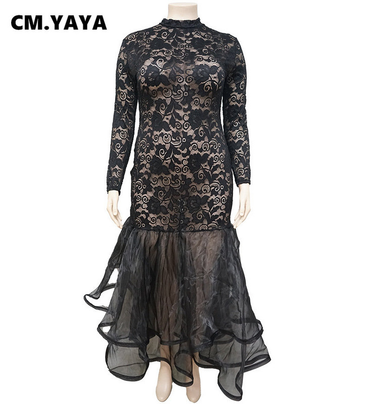 QFAF Nagy méretű női csipke átlátszó fodros szegély sellő trombita maxi hosszú ruha Szexi party klub bál estélyi hosszú ujjú ruhák