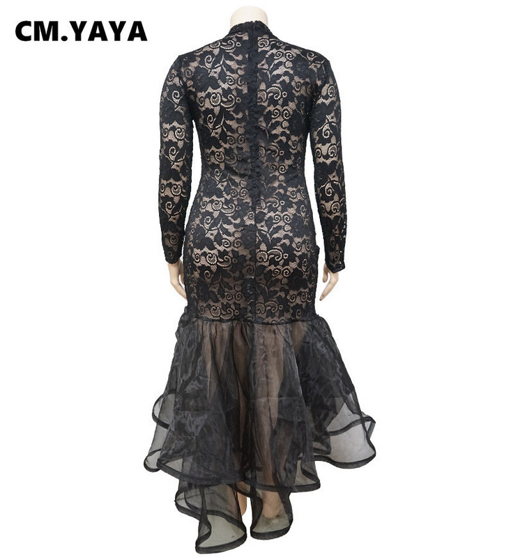 QFAF Nagy méretű női csipke átlátszó fodros szegély sellő trombita maxi hosszú ruha Szexi party klub bál estélyi hosszú ujjú ruhák