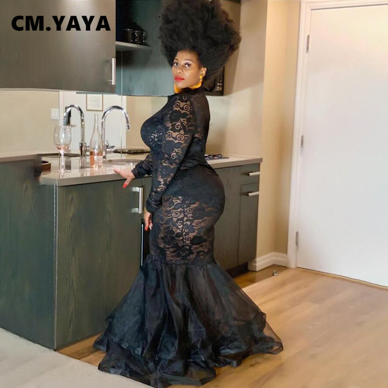 QFAF Nagy méretű női csipke átlátszó fodros szegély sellő trombita maxi hosszú ruha Szexi party klub bál estélyi hosszú ujjú ruhák