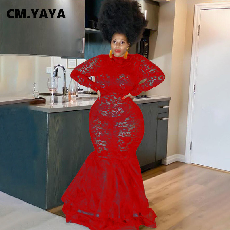 QFAF Nagy méretű női csipke átlátszó fodros szegély sellő trombita maxi hosszú ruha Szexi party klub bál estélyi hosszú ujjú ruhák