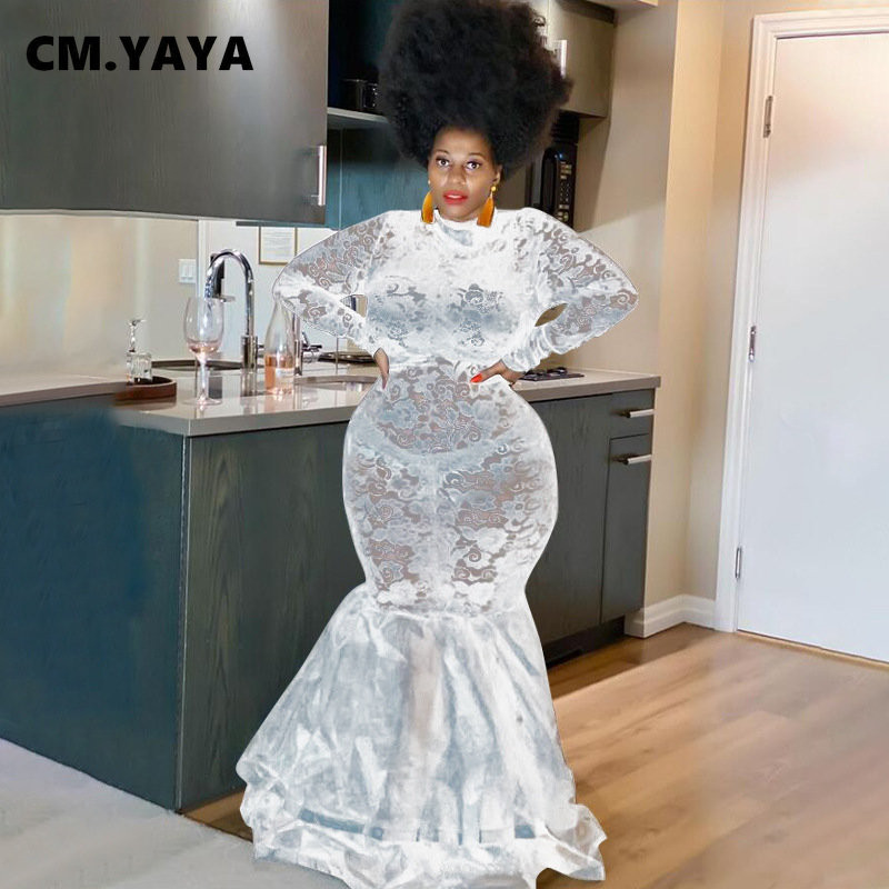 QFAF Nagy méretű női csipke átlátszó fodros szegély sellő trombita maxi hosszú ruha Szexi party klub bál estélyi hosszú ujjú ruhák