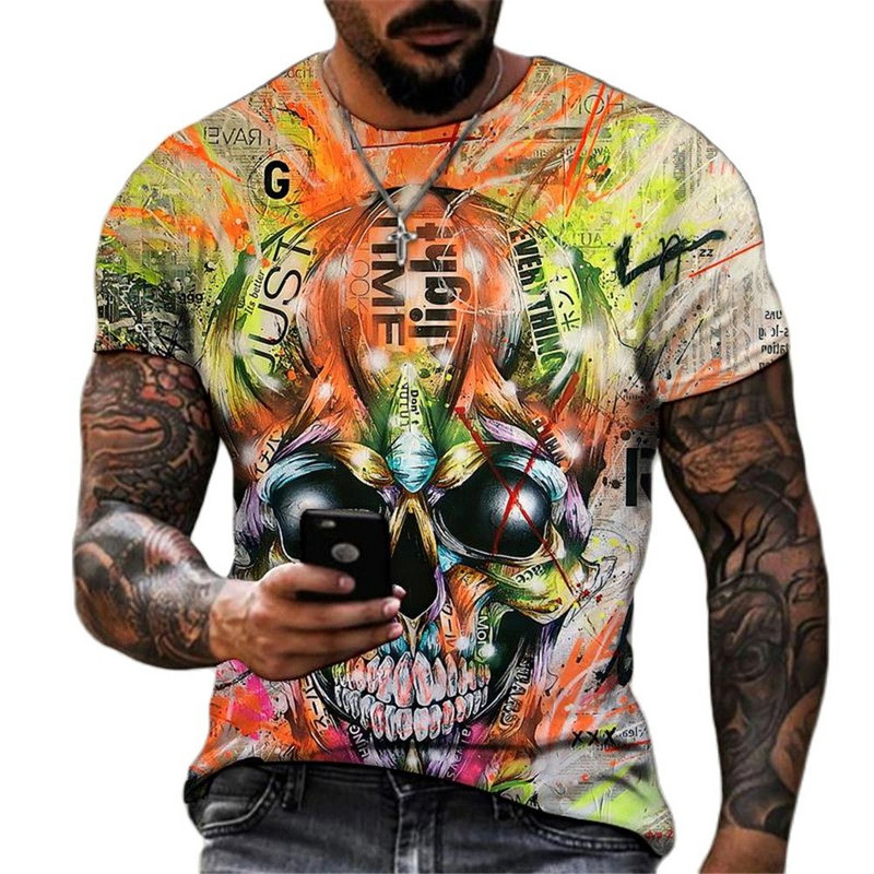 Mood Skull Graphic 3D Prinditud Meeste T-särk Suvine O Kaelus Lühikeste Varrukatega Tänava Suuremõõduline T-särk Lahtine Tops Tee Meeste Riietus 6XL