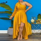 Ανοιξιάτικο Φθινόπωρο Plus Size Γυναικεία Ρούχα Πλισέ μακρυμάνικο βραδινό πάρτι Σέξι λοξοί ώμους μασίφ βολάν ακανόνιστα φορέματα