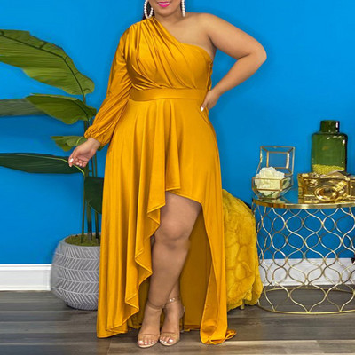 Ανοιξιάτικο Φθινόπωρο Plus Size Γυναικεία Ρούχα Πλισέ μακρυμάνικο βραδινό πάρτι Σέξι λοξοί ώμους μασίφ βολάν ακανόνιστα φορέματα