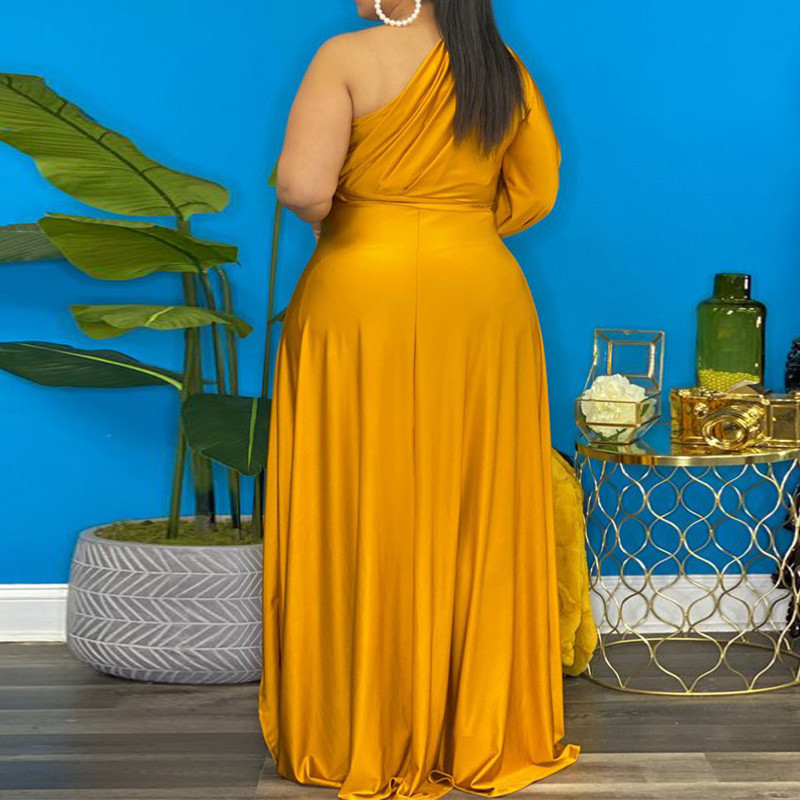 Ανοιξιάτικο Φθινόπωρο Plus Size Γυναικεία Ρούχα Πλισέ μακρυμάνικο βραδινό πάρτι Σέξι λοξοί ώμους μασίφ βολάν ακανόνιστα φορέματα