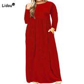 Haine de dimensiuni plus primăvară, toamnă, gât rotund, culoare uni, mânecă lungă, mozaic, buzunare, talie lejeră, rochie super maxi casual pentru femei