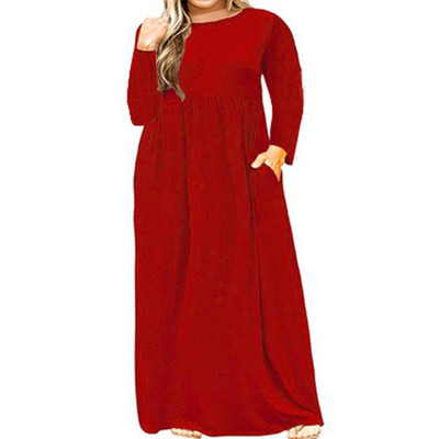 Haine de dimensiuni plus primăvară, toamnă, gât rotund, culoare uni, mânecă lungă, mozaic, buzunare, talie lejeră, rochie super maxi casual pentru femei