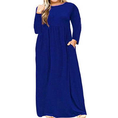 Haine de dimensiuni plus primăvară, toamnă, gât rotund, culoare uni, mânecă lungă, mozaic, buzunare, talie lejeră, rochie super maxi casual pentru femei