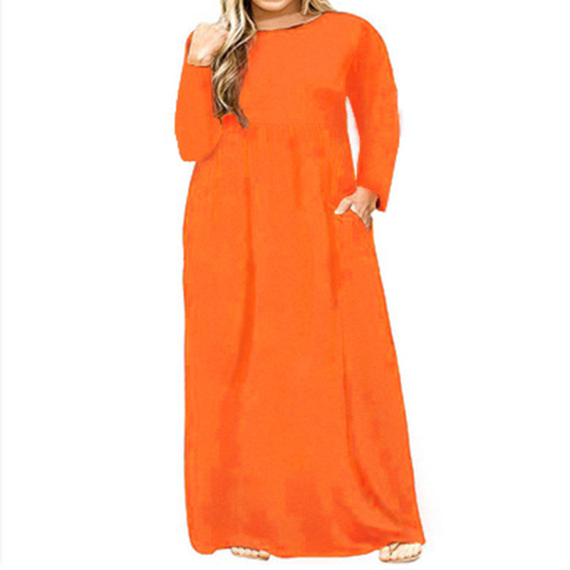 Haine de dimensiuni plus primăvară, toamnă, gât rotund, culoare uni, mânecă lungă, mozaic, buzunare, talie lejeră, rochie super maxi casual pentru femei