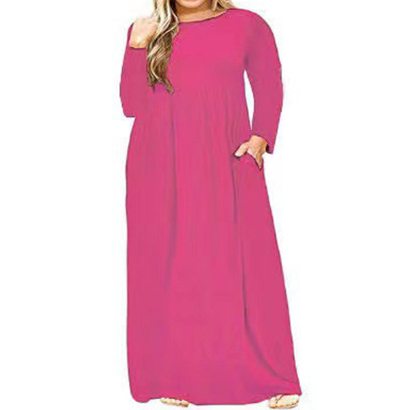 Haine de dimensiuni plus primăvară, toamnă, gât rotund, culoare uni, mânecă lungă, mozaic, buzunare, talie lejeră, rochie super maxi casual pentru femei