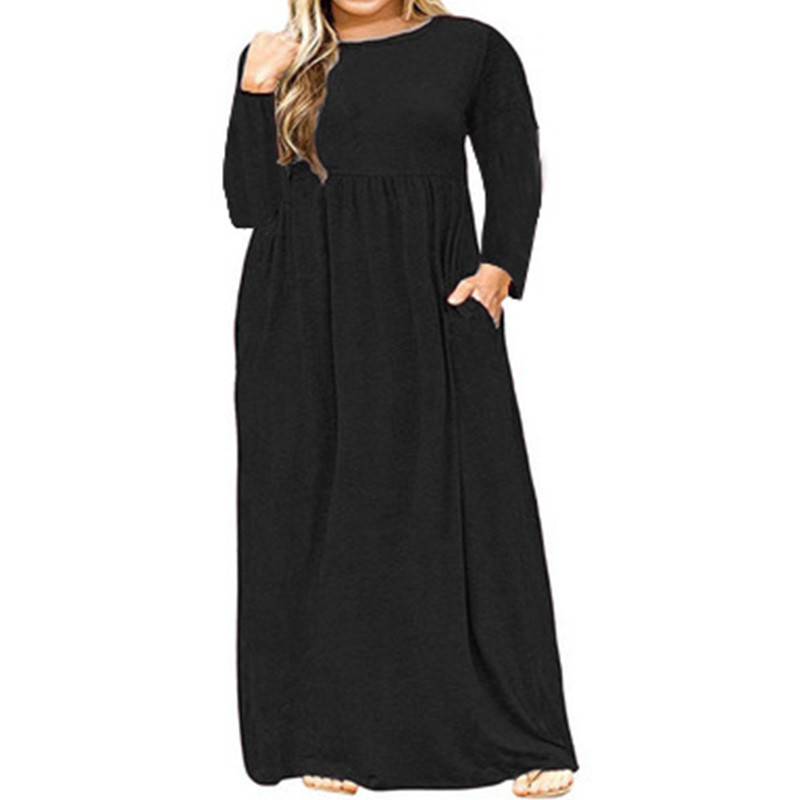 Haine de dimensiuni plus primăvară, toamnă, gât rotund, culoare uni, mânecă lungă, mozaic, buzunare, talie lejeră, rochie super maxi casual pentru femei