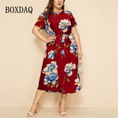 5XL nagyobb méretű női ruha 2023 nyári, O-nyakú, rövid ujjú virágmintás piros ruha női öves elegáns kötszeres sifon ruhák