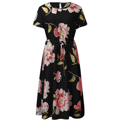 5XL nagyobb méretű női ruha 2023 nyári, O-nyakú, rövid ujjú virágmintás piros ruha női öves elegáns kötszeres sifon ruhák