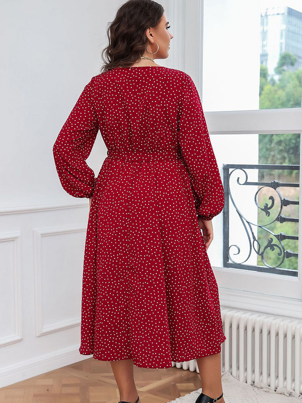 Ženska starinska midi haljina s otisnutim crvenim točkicama i velikim veličinama, seksi v-izrez s dugim rukavima, omotana jesensko-zimska odjeća, haljina za zabavu s podijeljenim dijelovima 2022.