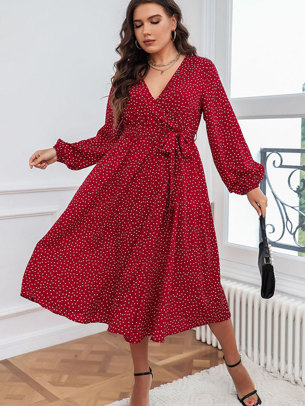 Ženska starinska midi haljina s otisnutim crvenim točkicama i velikim veličinama, seksi v-izrez s dugim rukavima, omotana jesensko-zimska odjeća, haljina za zabavu s podijeljenim dijelovima 2022.
