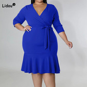 Női ruházat V-nyakú fűzős masszív patchwork fodros estélyi buli Szexi háromnegyedes ujjú táska csípős mini nagy ruha