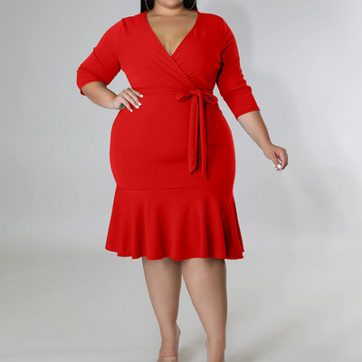 Női ruházat V-nyakú fűzős masszív patchwork fodros estélyi buli Szexi háromnegyedes ujjú táska csípős mini nagy ruha