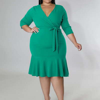 Női ruházat V-nyakú fűzős masszív patchwork fodros estélyi buli Szexi háromnegyedes ujjú táska csípős mini nagy ruha