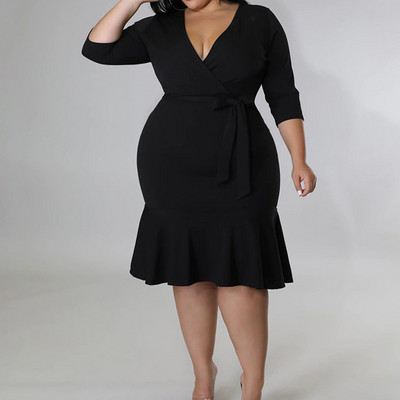 Női ruházat V-nyakú fűzős masszív patchwork fodros estélyi buli Szexi háromnegyedes ujjú táska csípős mini nagy ruha