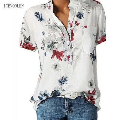 Κομψό γυναικείο πουκάμισο με εκτύπωση μεγάλου μεγέθους casual πουκάμισο μπλούζα με κοντομάνικο πουκάμισο με λαιμόκοψη V