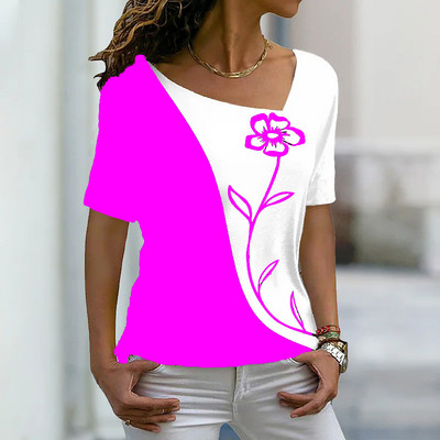 2022 nyári női virágos festmény póló Virágos színes blokkmintás V nyakú alap felsők Zöld fekete piros / 3D nyomtatású ing