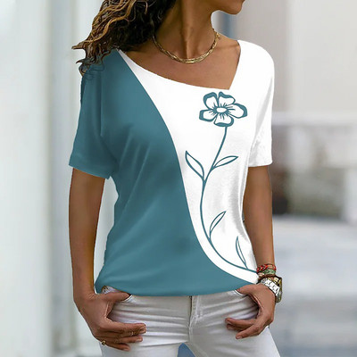 2022 nyári női virágos festmény póló Virágos színes blokkmintás V nyakú alap felsők Zöld fekete piros / 3D nyomtatású ing