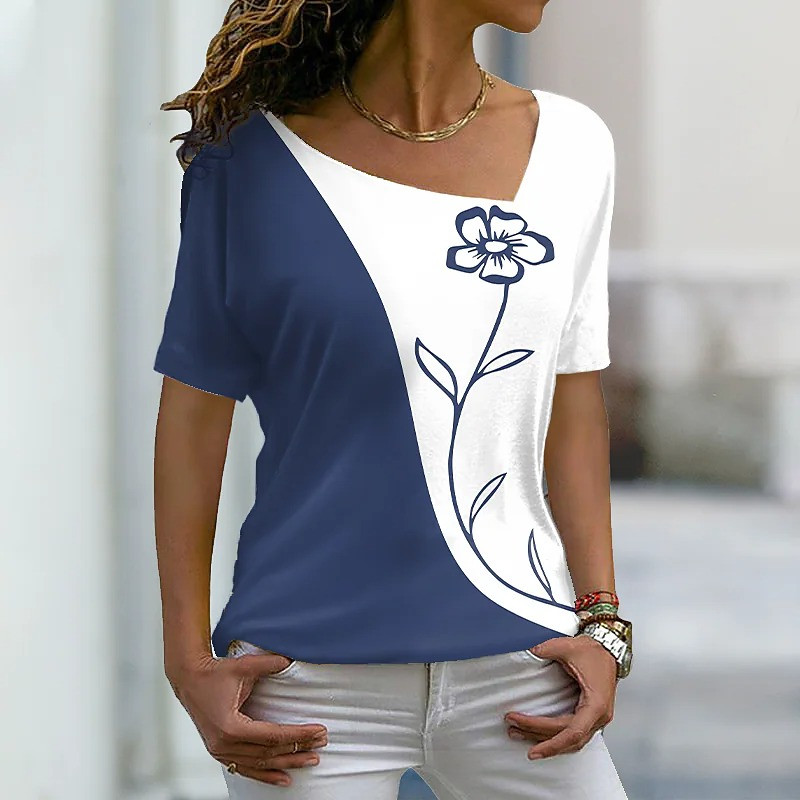 2022 nyári női virágos festmény póló Virágos színes blokkmintás V nyakú alap felsők Zöld fekete piros / 3D nyomtatású ing