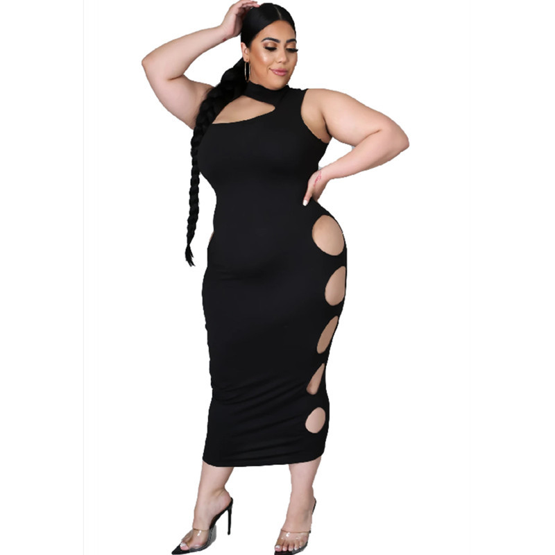Φόρεμα Plus Size 5xl Χονδρική Αμάνικο Hollow Out Κομψά ρούχα για σέξι κλαμπ Καλοκαιρινά μαύρα φορέματα Casual Dropshipping