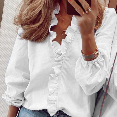 Κομψά λευκά βολάν μπλούζα πουκάμισα Γυναικεία φθινοπωρινά ανοιξιάτικα μακρυμάνικα πουλόβερ με λαιμόκοψη τοπ Office Lady Casual μονόχρωμη μπλούζα