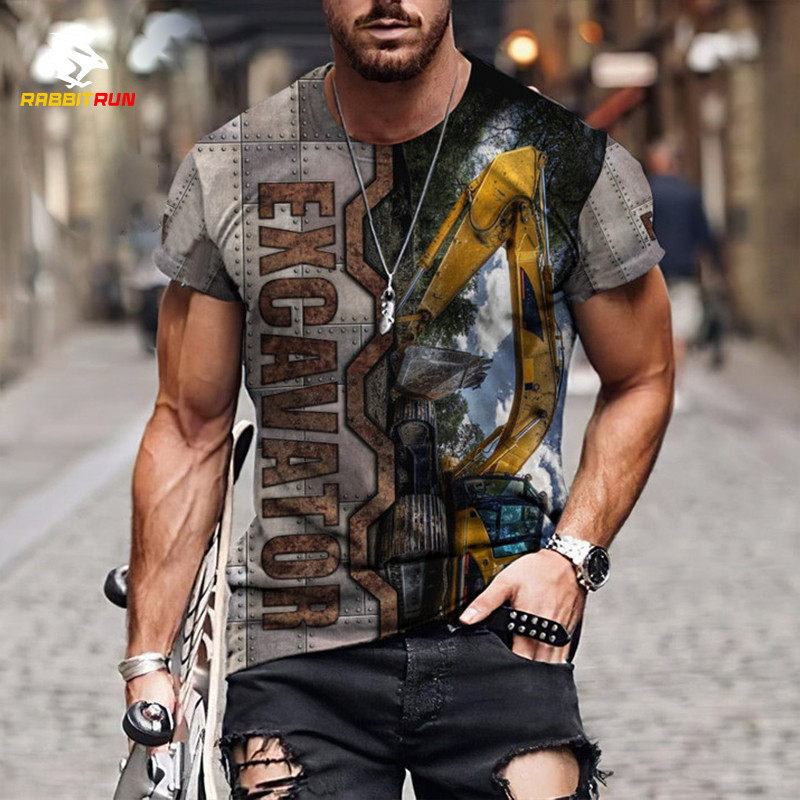 Tricou de vară, imprimeu 3D, model de excavator personalizat, respirabil, confortabil, tricou pentru bărbați, mânecă scurtă, topuri supradimensionate