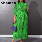 Sievietēm liela izmēra puspiedurknēm čūskas ādas apdruka tauriņš, gara kleita 4XL vasaras augsta jostasvieta ar jostu, kroku Āfrikas satīna zaļš halāts