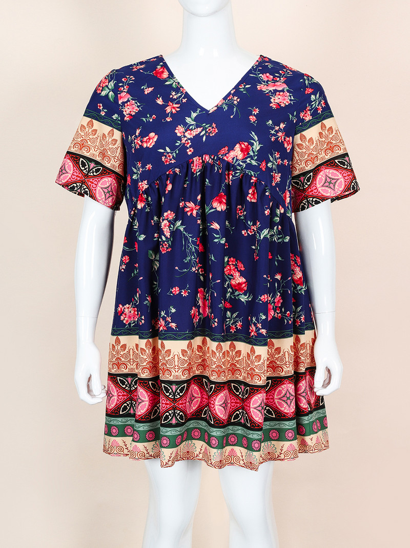 Rochie Finjani cu decolteu în V cu mânecă scurtă cu volană Rochii de mărime mare pentru femei