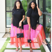 Μεγάλο μέγεθος Γυναικεία Ρούχα Καλοκαιρινό Φόρεμα Μόδα Μεγάλο μέγεθος Casual O λαιμό κοντό μανίκι Κομψό μαύρο φόρεμα με ραφές από πολυεστέρα