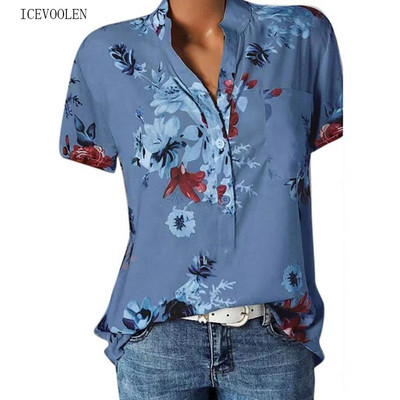 Κομψό γυναικείο πουκάμισο με εκτύπωση μεγάλου μεγέθους casual πουκάμισο μπλούζα με κοντομάνικο πουκάμισο με λαιμόκοψη V